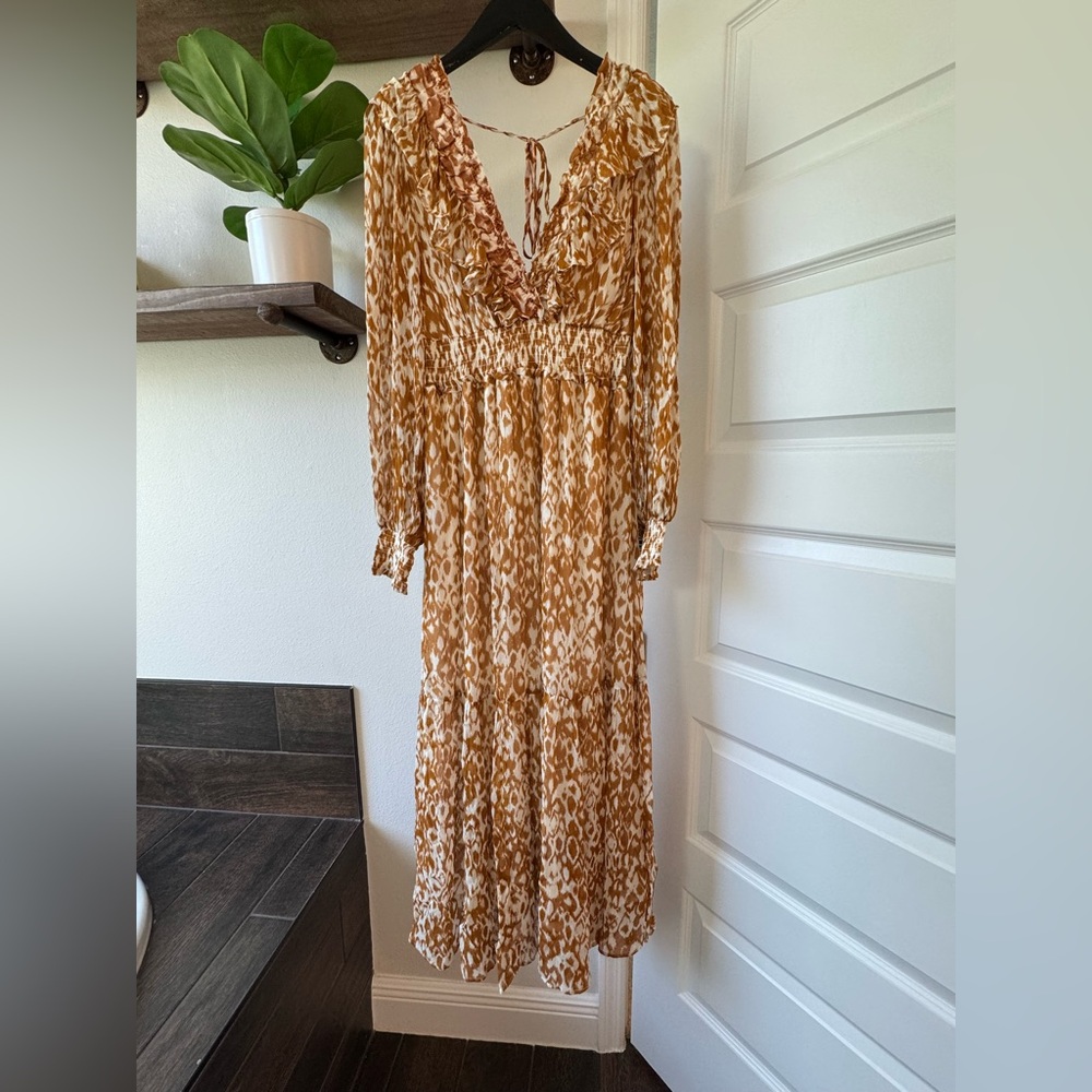 Anthropologie Tan and Cream Ruffled maxi dress